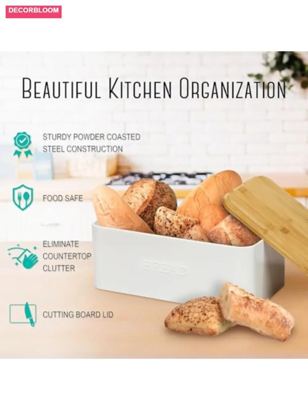 White Bread Box with Bamboo Cutting Board Lid, Stainless Steel Kitchen Storage